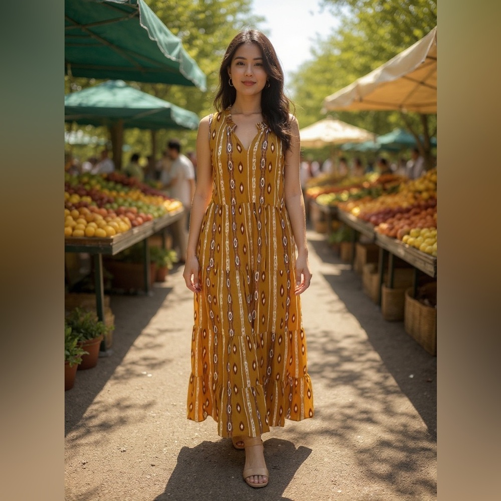 Gunit Gold Ikat Stripe print maxi dress LARGE sleeveless AZTEC tiered ruffles